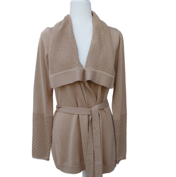 Calvin Klein Belted Wool Blend Wrap Cardigan Coat in Camel Tan Women's Large - Picture 1 of 16